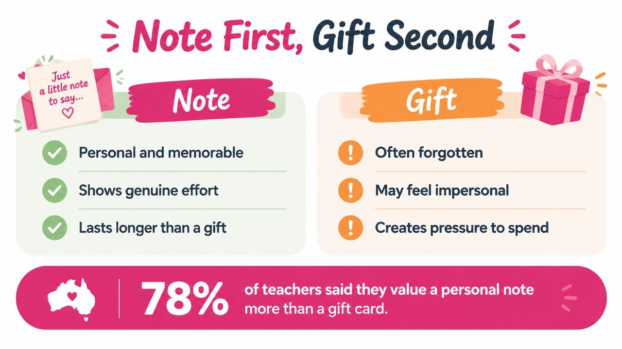 An infographic suggesting that teachers value personal notes more than gifts, featuring statistics about teacher appreciation.