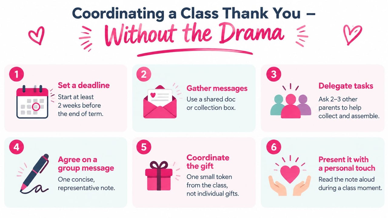 A six-step guide infographic for parents on organizing a stress-free class thank you gift for teachers.