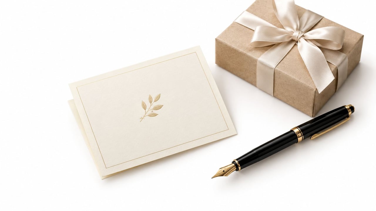 A cream greeting card with a gold leaf design beside a gift and fountain pen.