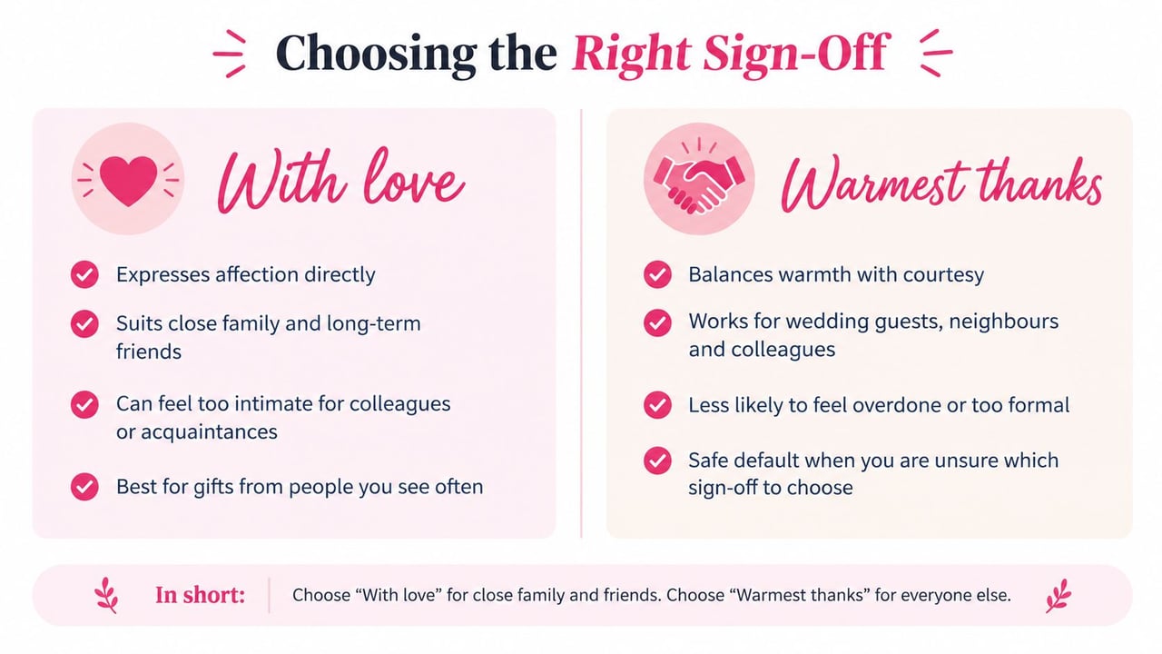 A comparison of when to use With Love and Warmest Thanks in a thank-you note.