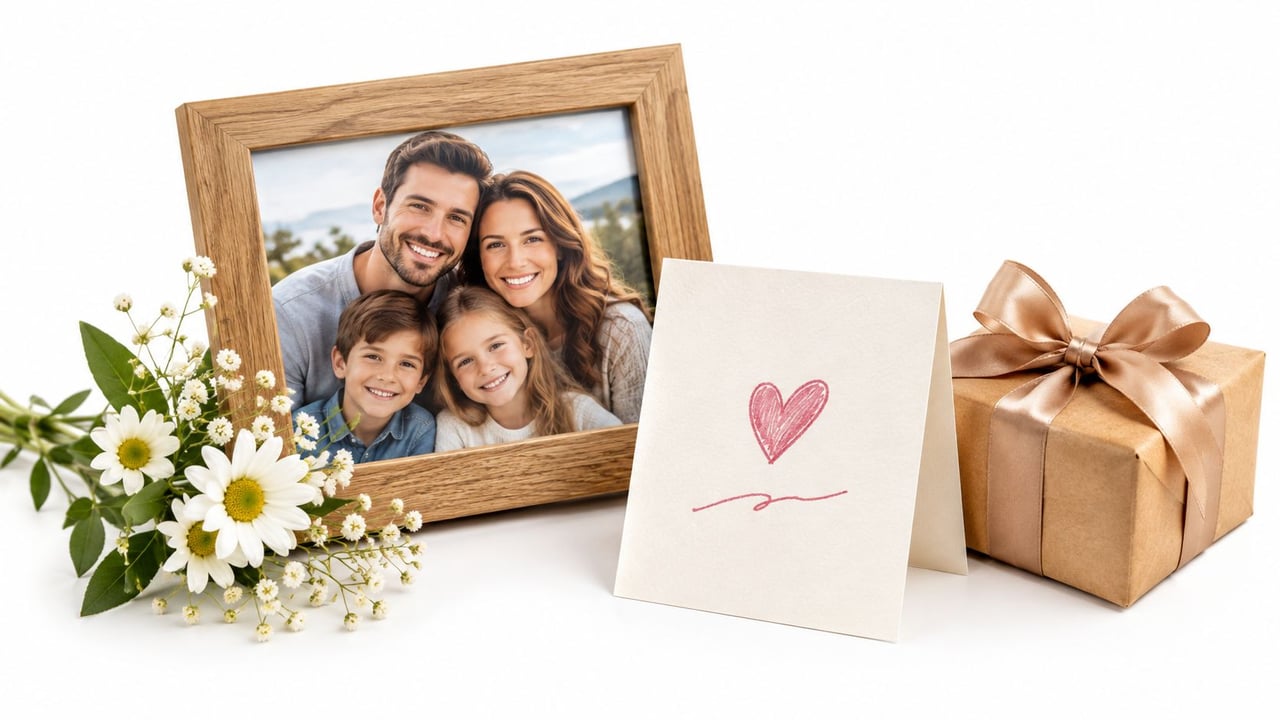 A wooden picture frame with a family portrait beside a handwritten heart card and gift.