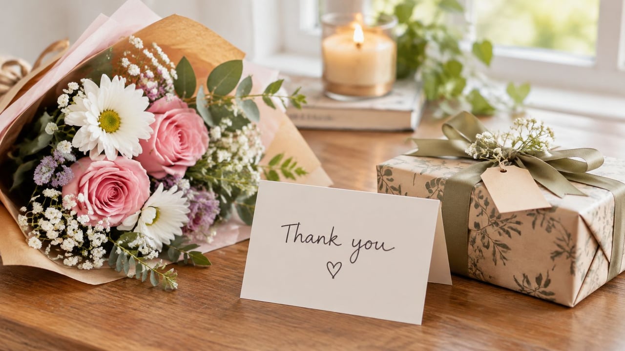 A bouquet of pink roses and daisies beside a wrapped gift and thank-you card.