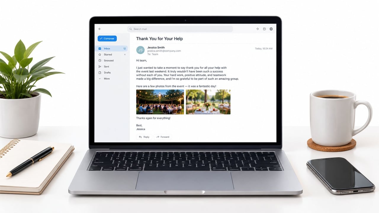 A modern laptop on a desk showing an email of appreciation from Jessica Smith to a team.