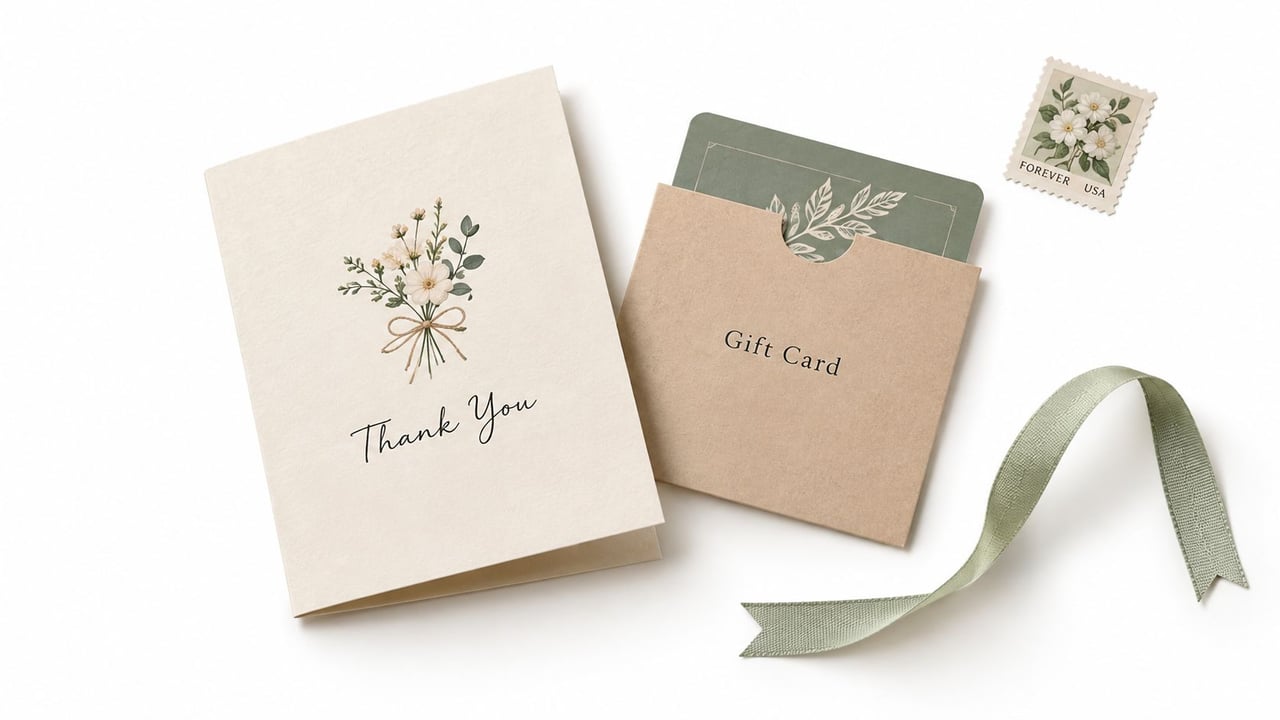 A thank you card with a floral bouquet illustration next to a gift card and postage stamp.