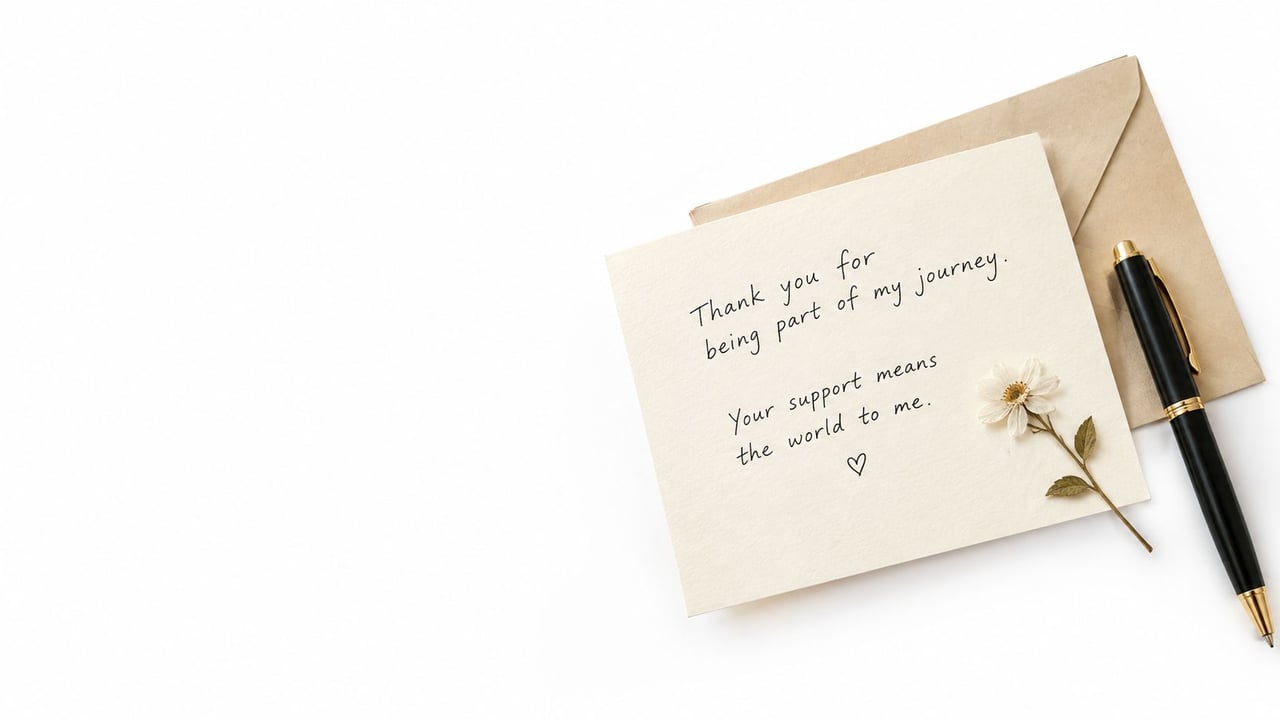 A heartfelt thank you note on card stock next to an envelope, a flower, and a pen.