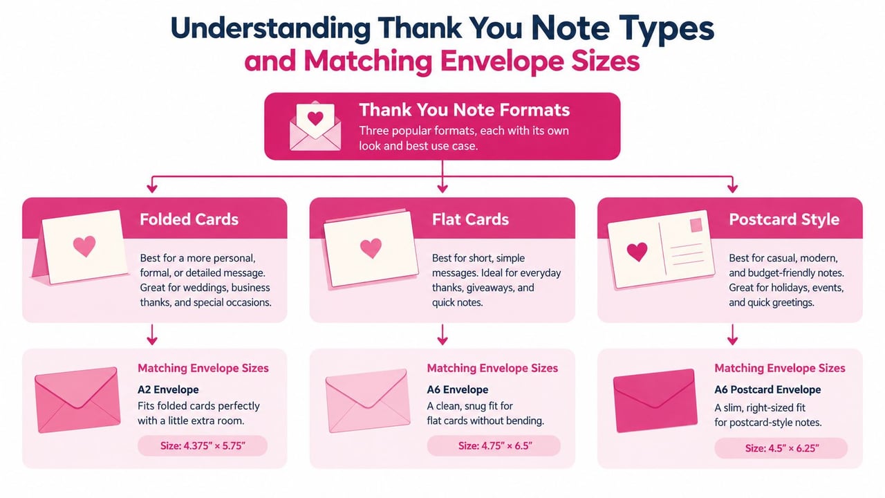 An infographic illustrating three thank you note formats and their corresponding matching envelope sizes.