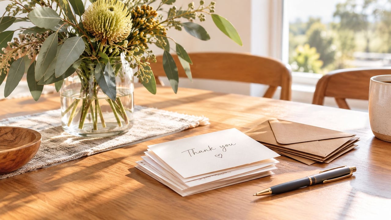 A stack of elegant thank you cards with envelopes and a pen on a wooden table.