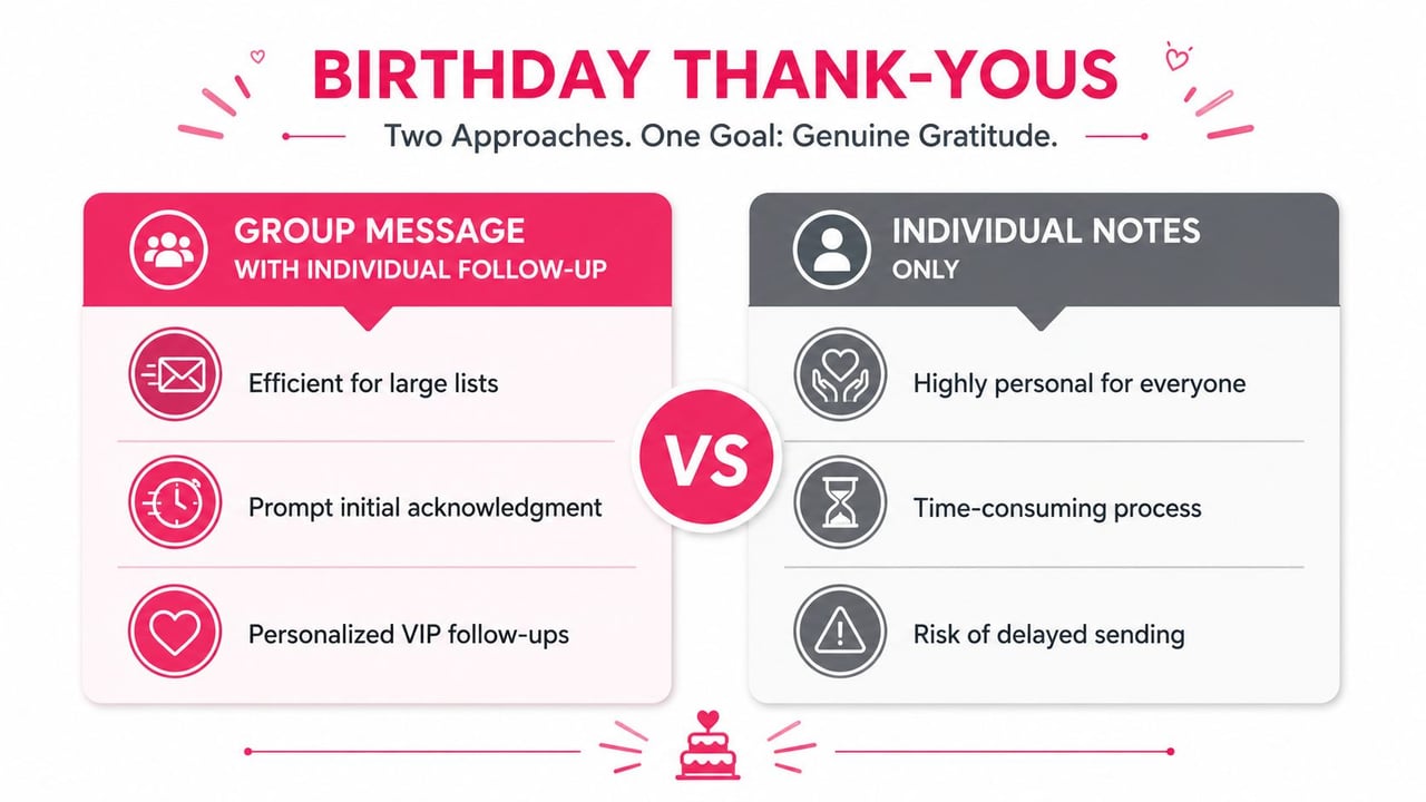 A comparison chart showing the pros and cons of using group messages versus individual notes for birthday thank-yous.