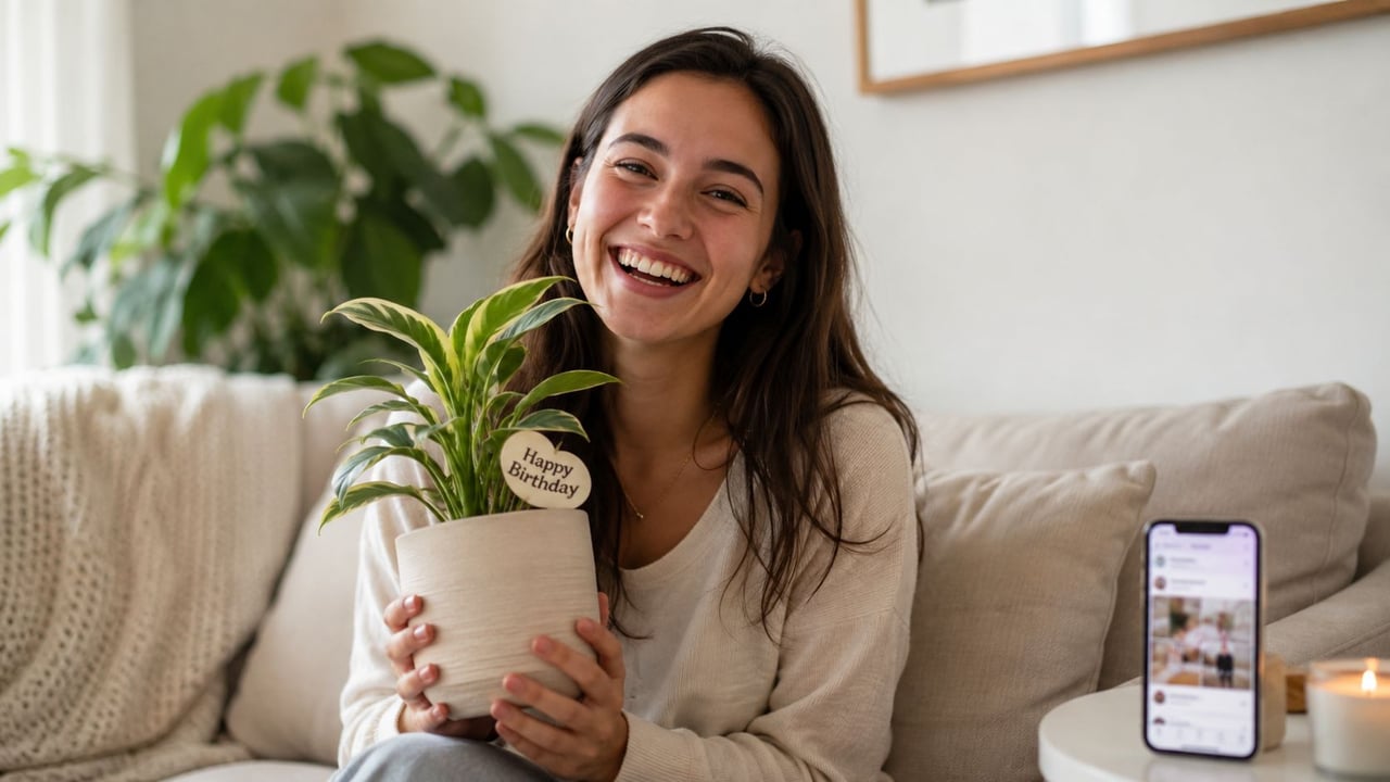 A happy woman holding a potted plant with a small Happy Birthday sign while sitting on a sofa.