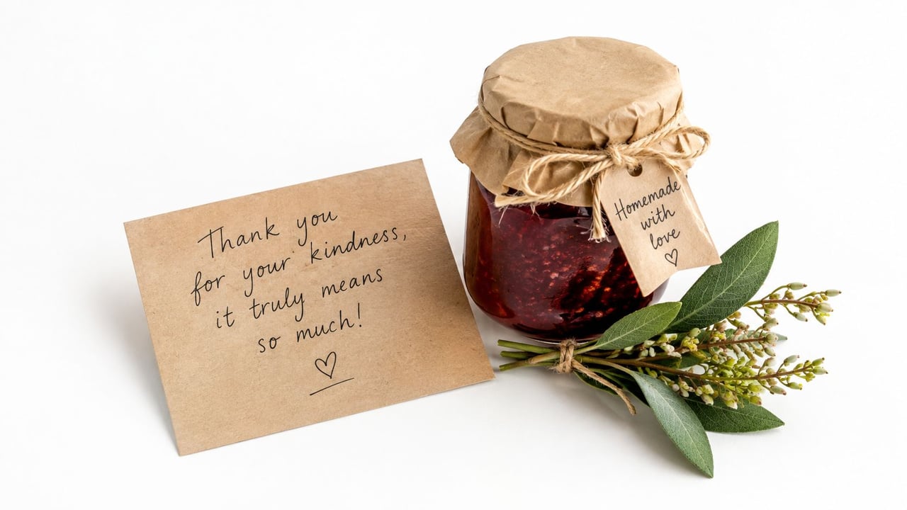 A brown note card with a thank you message next to a jar of homemade fruit jam.