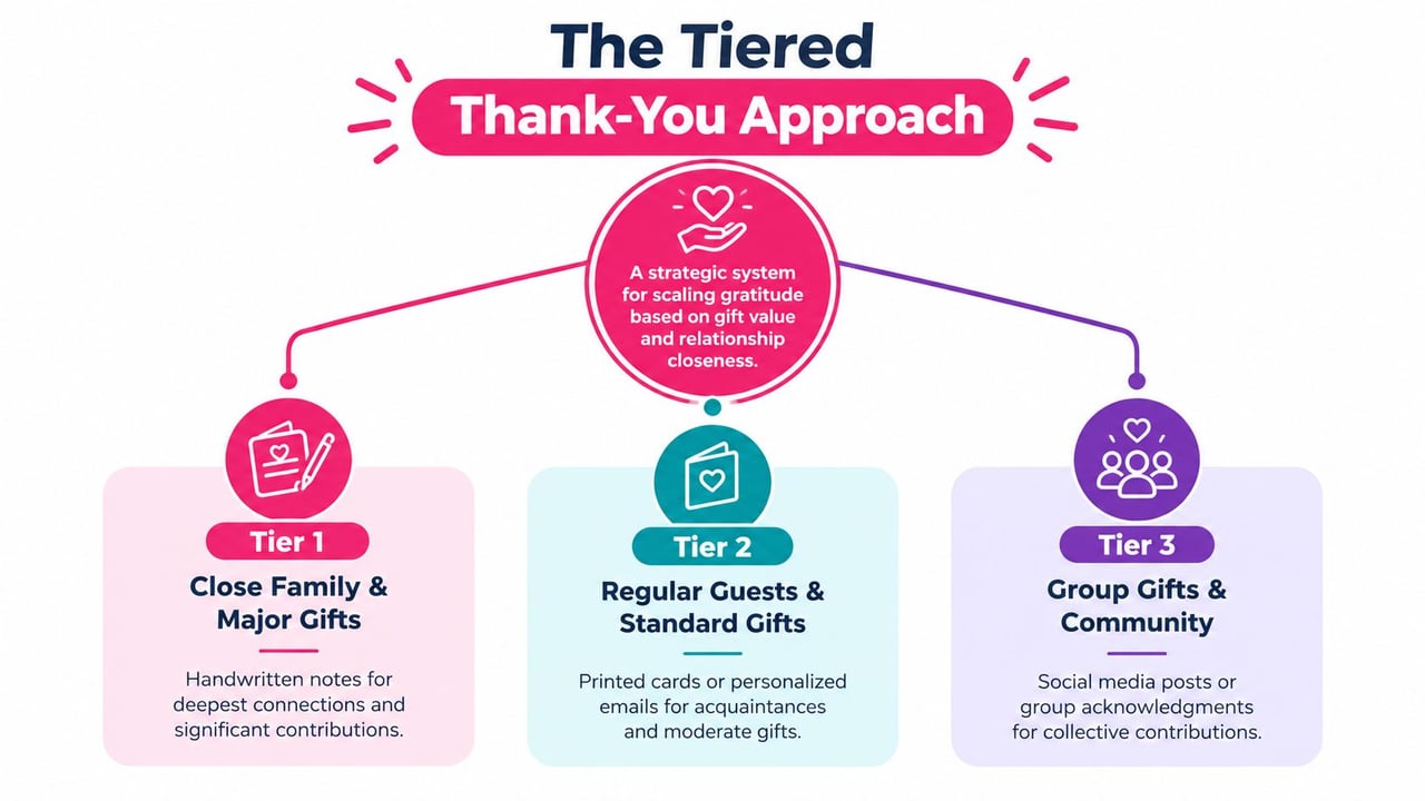 A diagram explaining a tiered thank-you approach for gifts based on relationship closeness and contribution value.