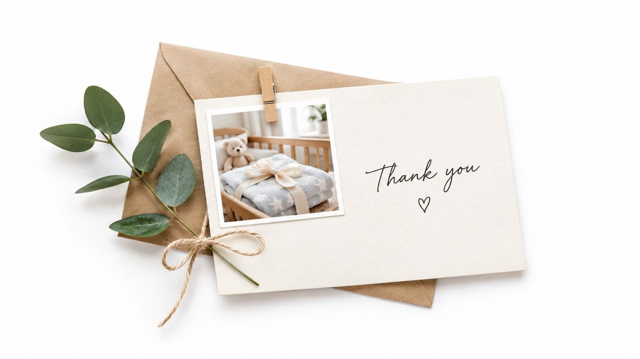 A thank you card with a baby blanket photo attached to a kraft envelope with a sprig.