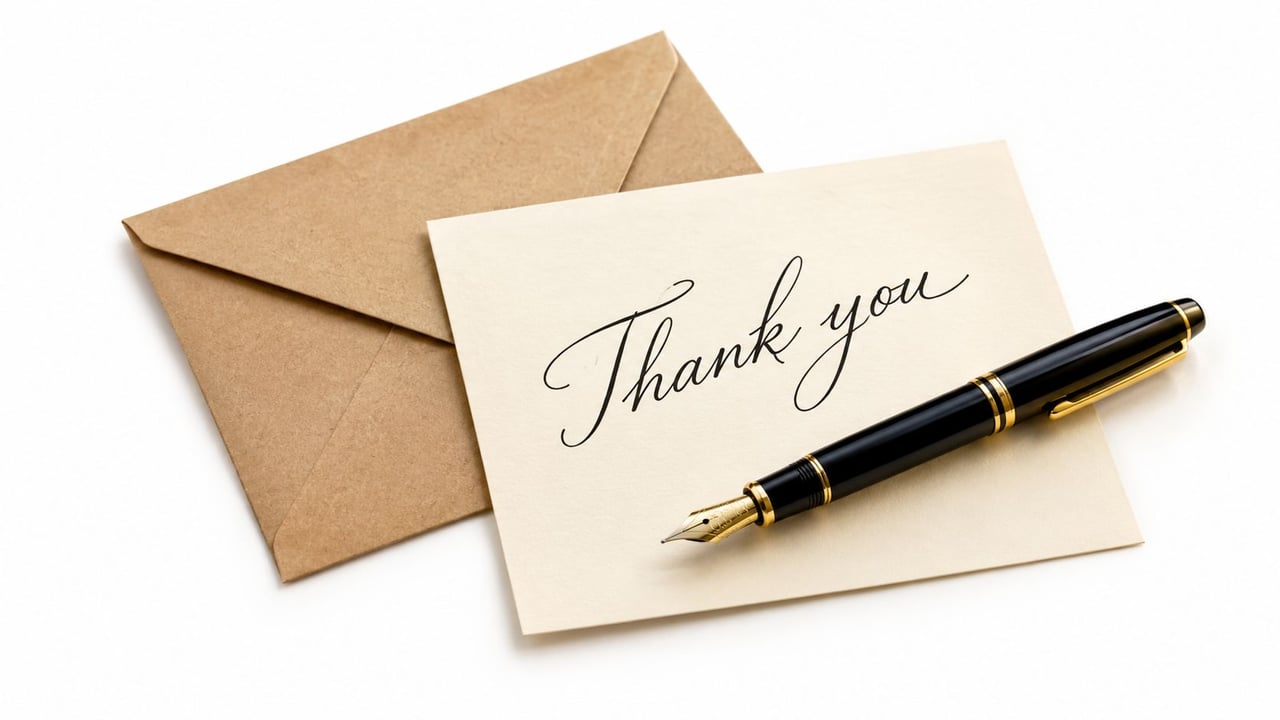A professional fountain pen resting on a cream-colored thank you card next to an empty brown envelope.