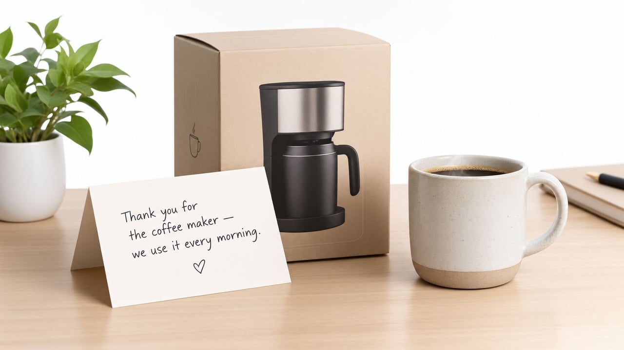 A thank you note sits on a desk next to a coffee maker box and a coffee mug.