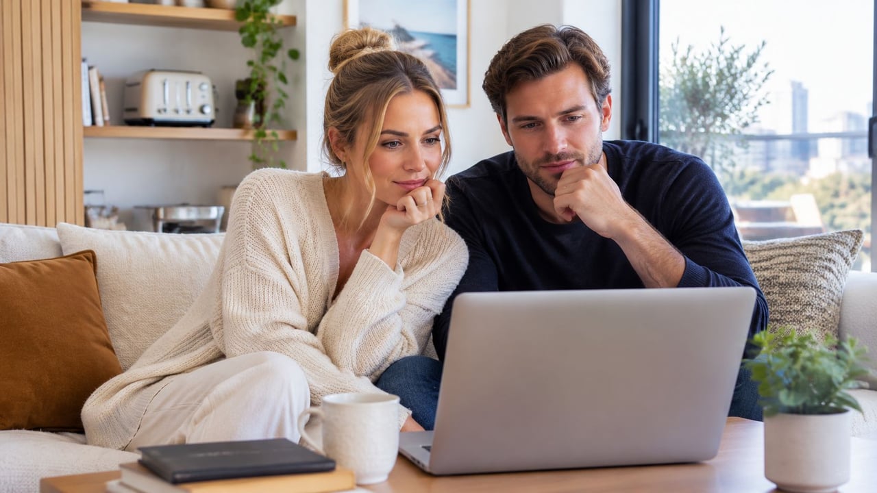 A young couple sits on a comfortable sofa, looking thoughtfully at a laptop screen together at home.
