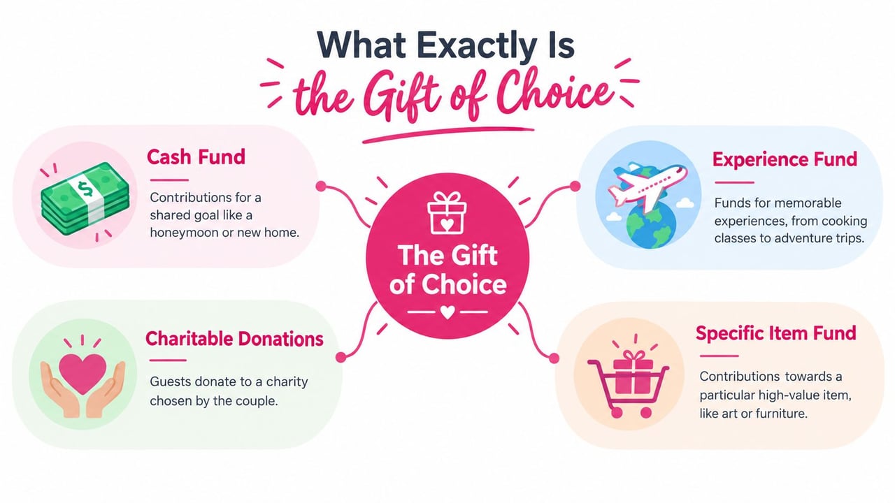 An infographic titled The Gift of Choice illustrating four types of wedding funds: cash, experience, charity, and specific items.