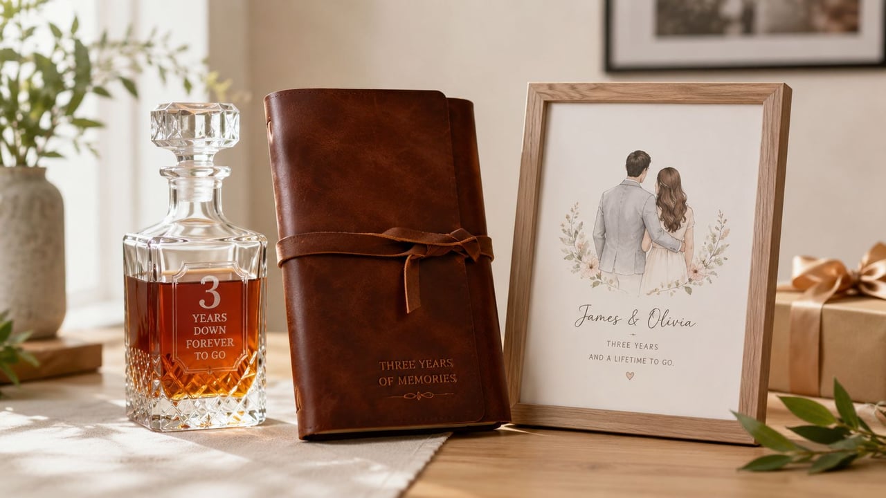 An engraved decanter, a leather journal, and a framed anniversary illustration on a wooden table.