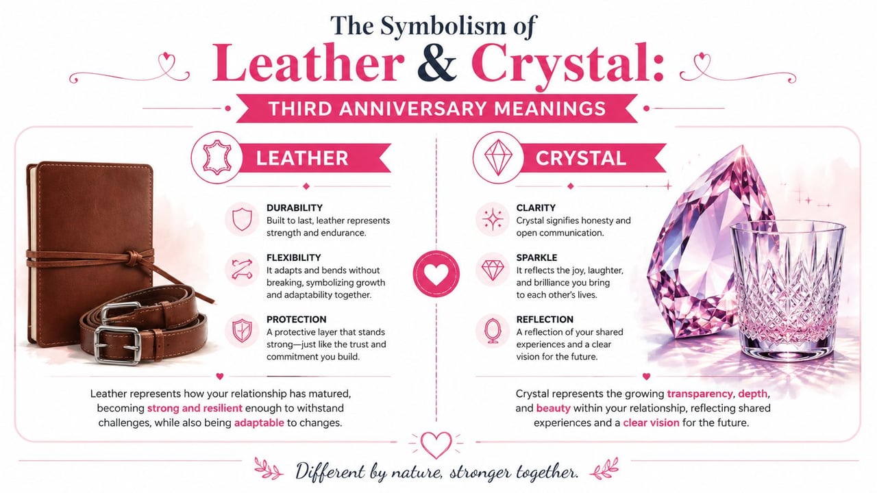 An infographic showing the symbolism of leather and crystal as traditional third wedding anniversary gift meanings.