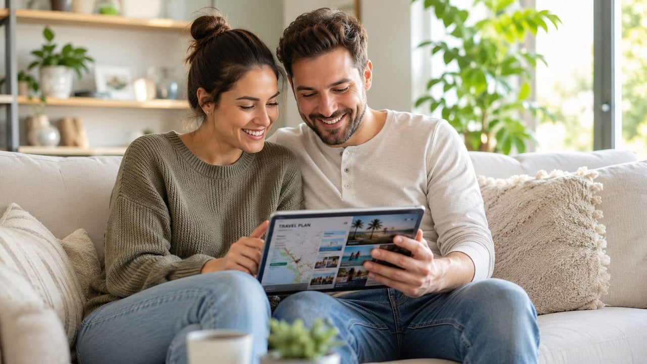 A happy couple sitting on a couch together looking at travel plans on a tablet computer.