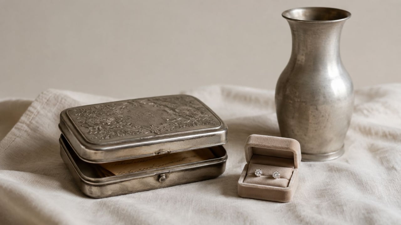 A vintage metal box and a velvet jewelry box containing stud earrings next to a silver vase.