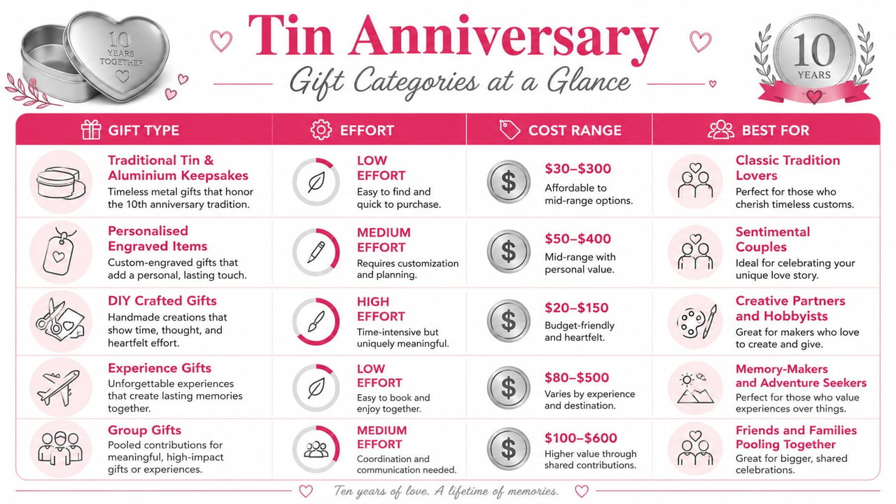 A chart showing five different gift categories for a tenth tin anniversary, including effort, cost, and purpose.