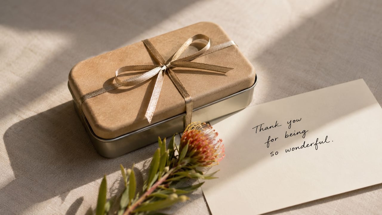 A thoughtfully wrapped tin gift box, a small flower, and a handwritten thank you note on a table.