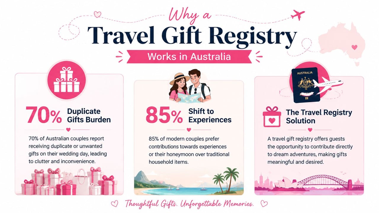 An infographic explaining why travel gift registries are a popular choice for Australian couples getting married.