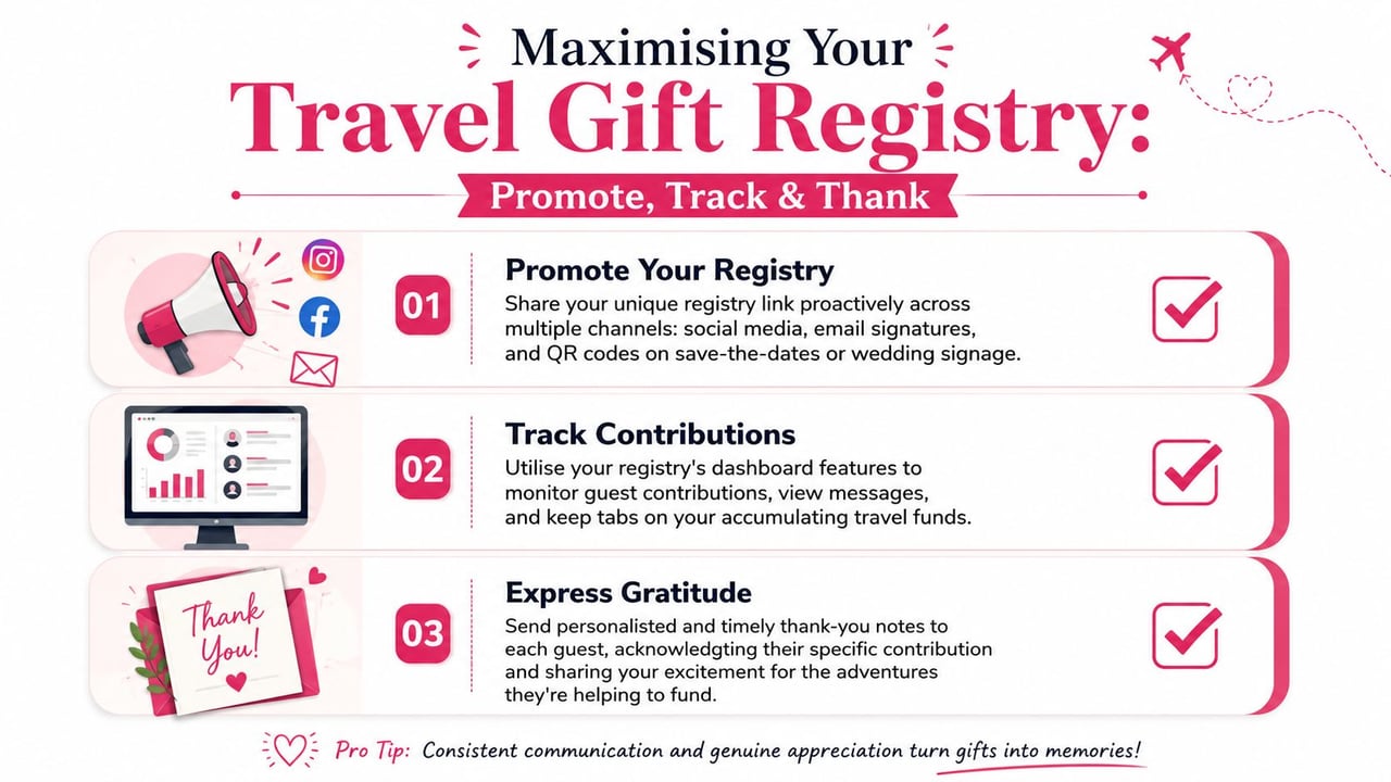 A travel gift registry guide featuring tips on how to promote, track, and thank wedding guests.