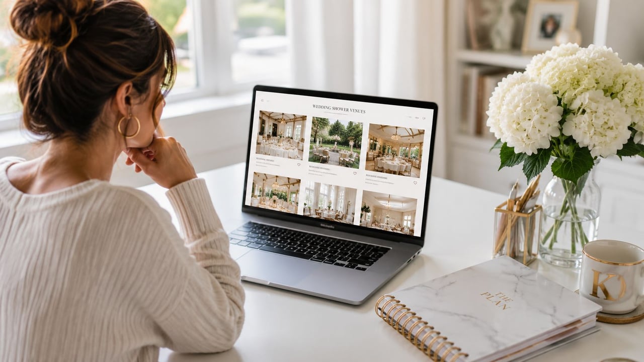 A woman looks at wedding shower venue options on a laptop screen while working at a desk.