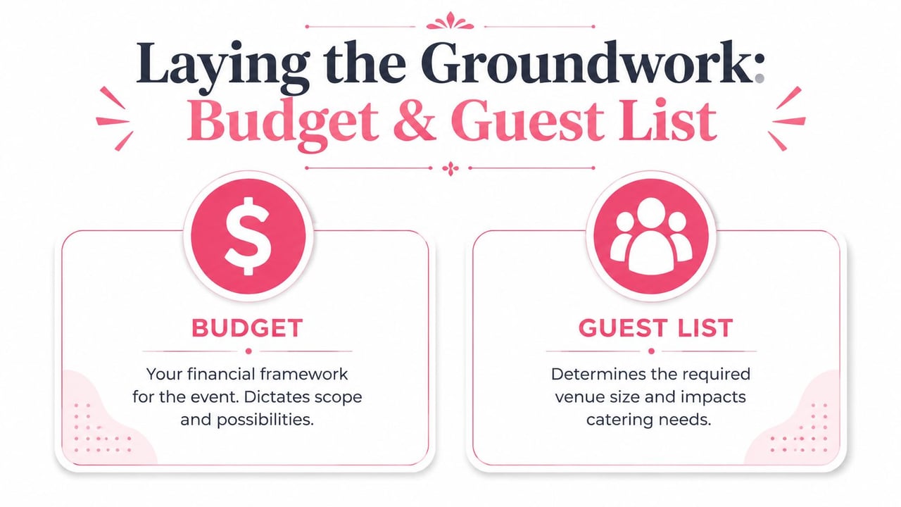 An infographic titled Laying the Groundwork displaying Budget and Guest List as key event planning components.