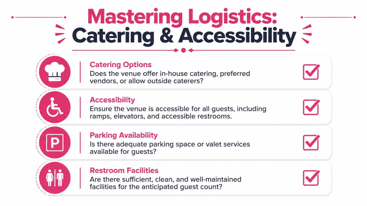 A checklist for mastering wedding venue logistics including catering, accessibility, parking, and restroom facilities.