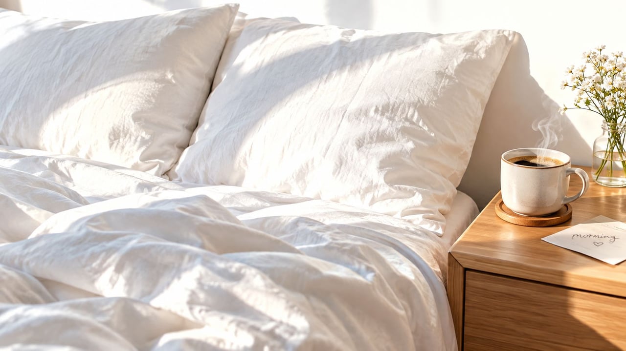 A cozy white bed with a steaming mug of coffee and a small note saying morning