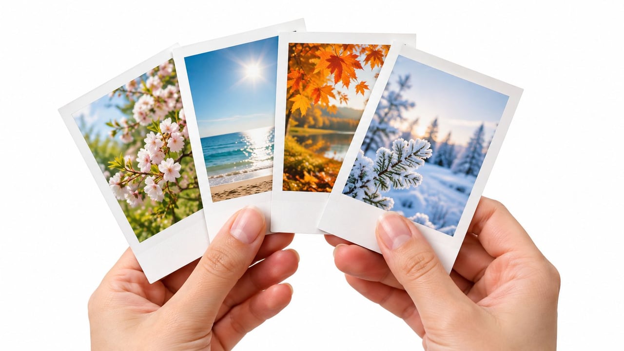 A person holding four instant photographs showcasing the distinct beauty of spring, summer, autumn, and winter seasons.