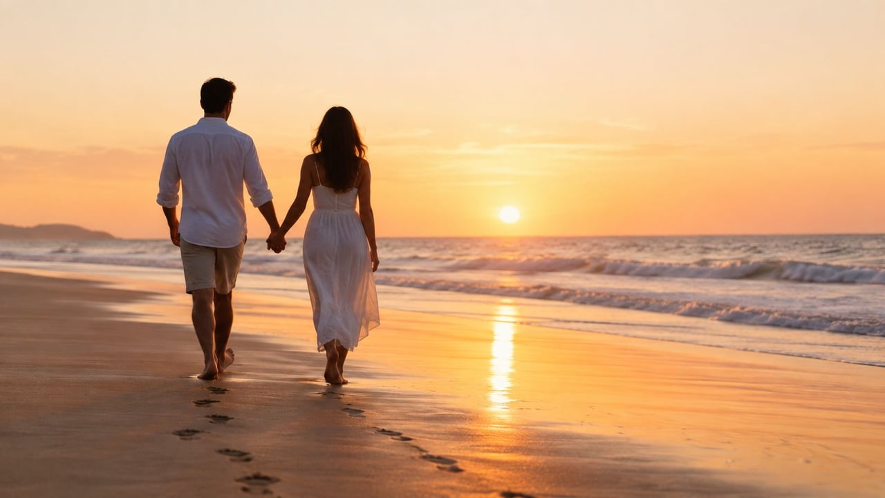 A romantic couple holding hands walking along the sandy beach at sunset during a golden hour.