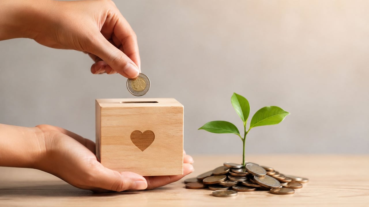A person placing a coin into a wooden donation box with a heart symbol and a small plant.