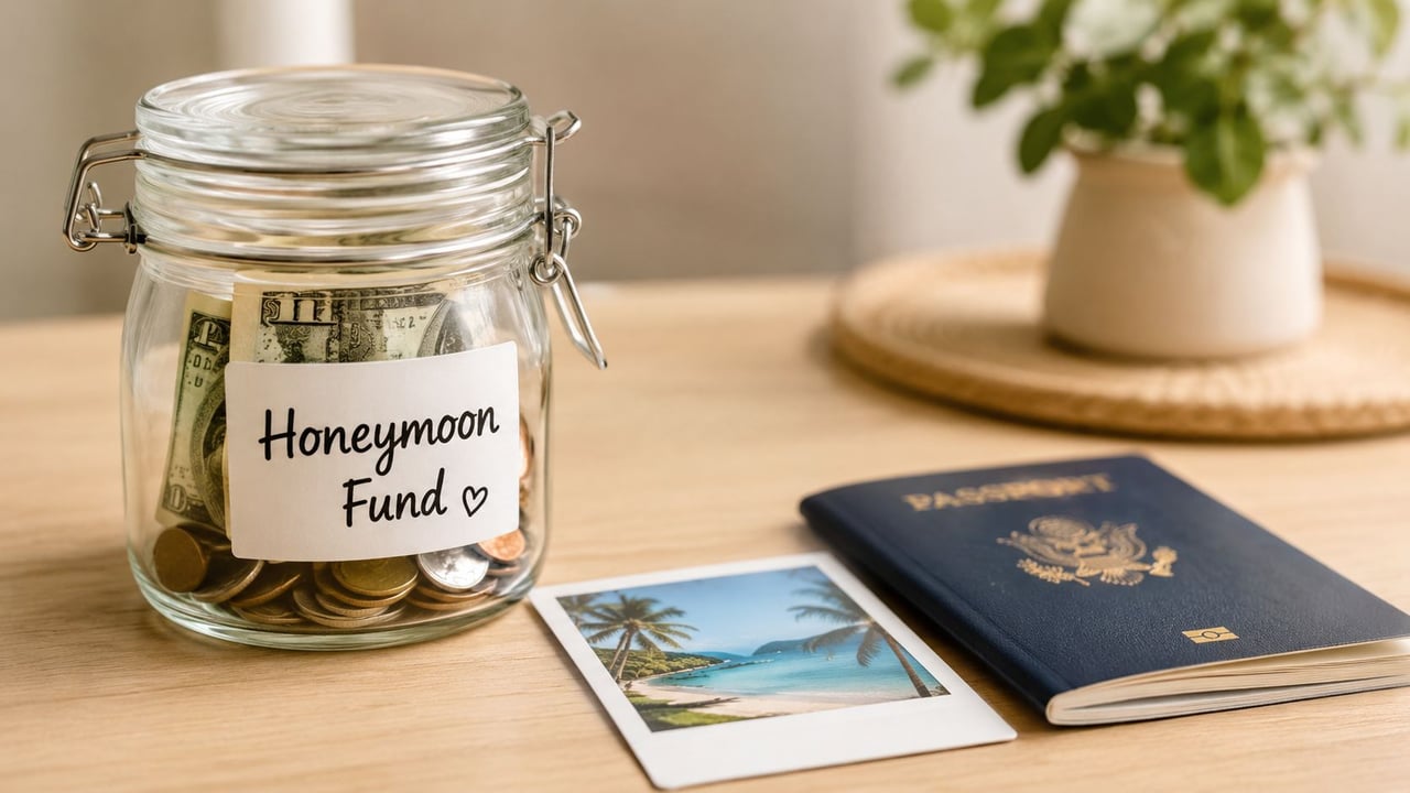 A glass jar labeled Honeymoon Fund filled with cash and coins next to a passport and photo.
