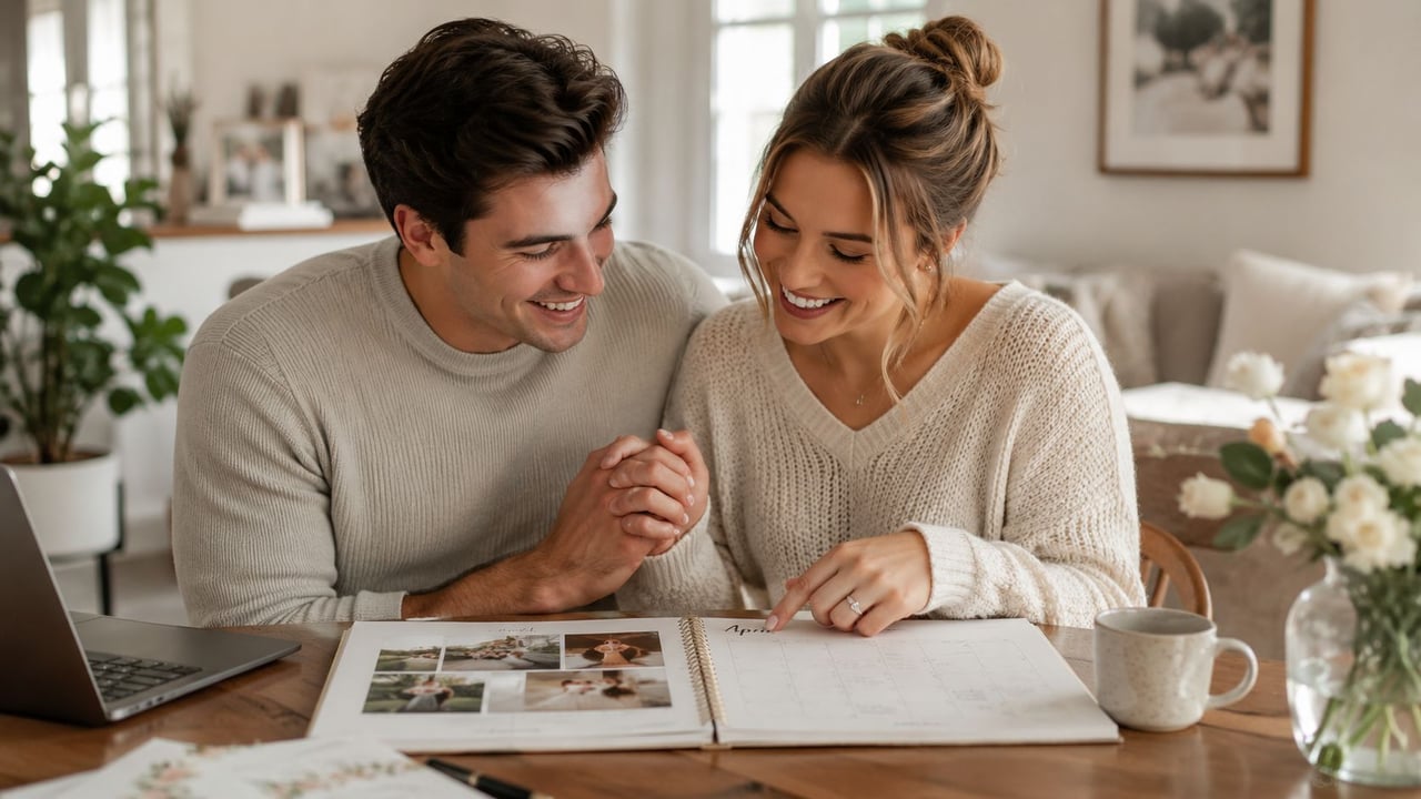 A happy couple sitting at a wooden table planning their wedding day timeline on a calendar.