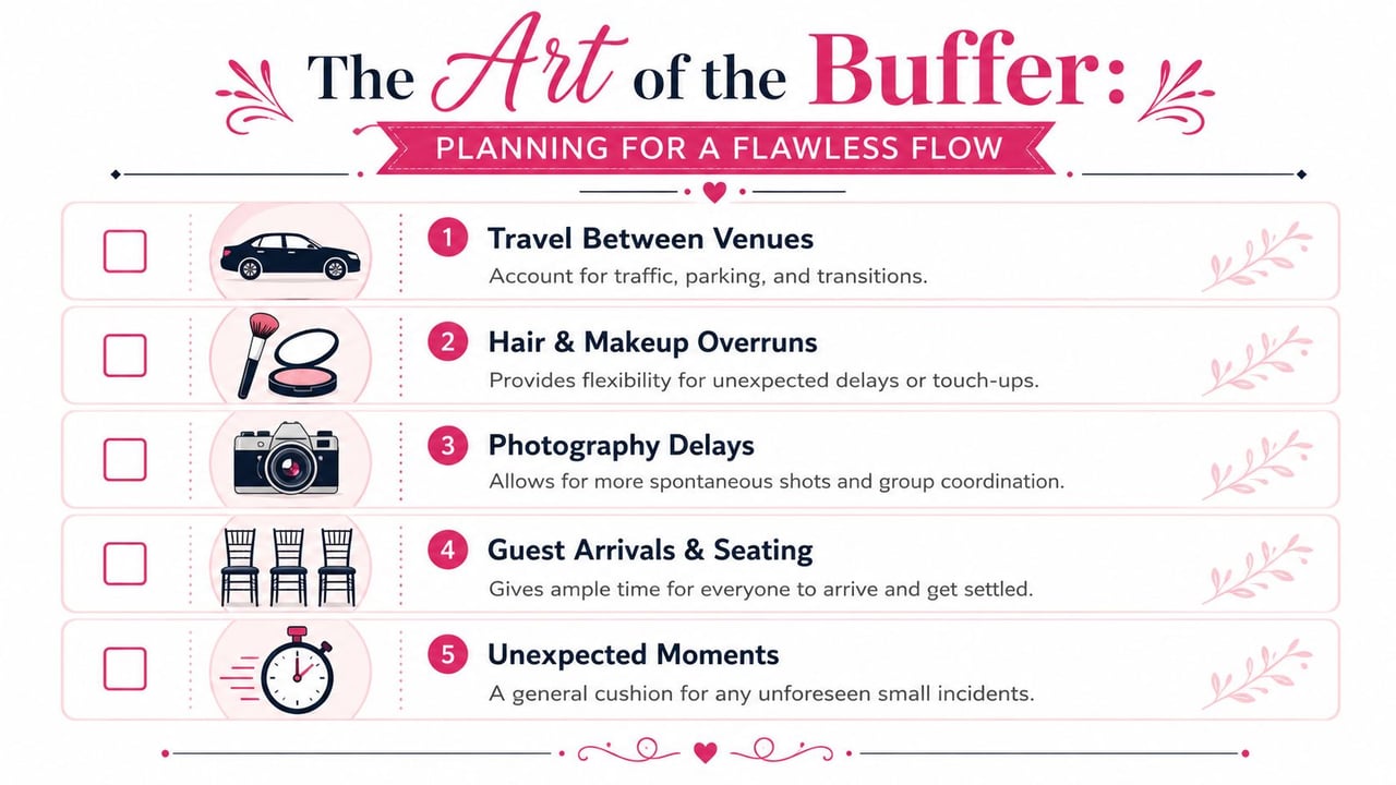 An infographic titled The Art of the Buffer showing five tips for a successful wedding day timeline.