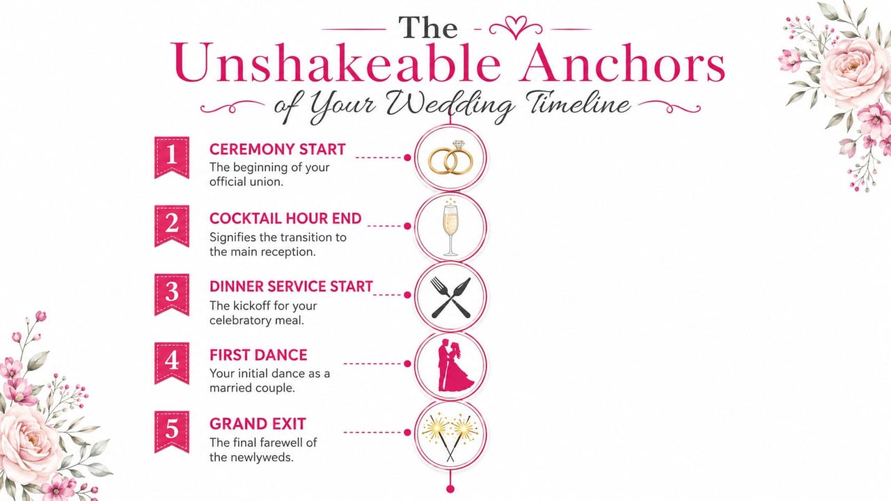 An infographic detailing five key anchor events to include in your wedding day timeline schedule.
