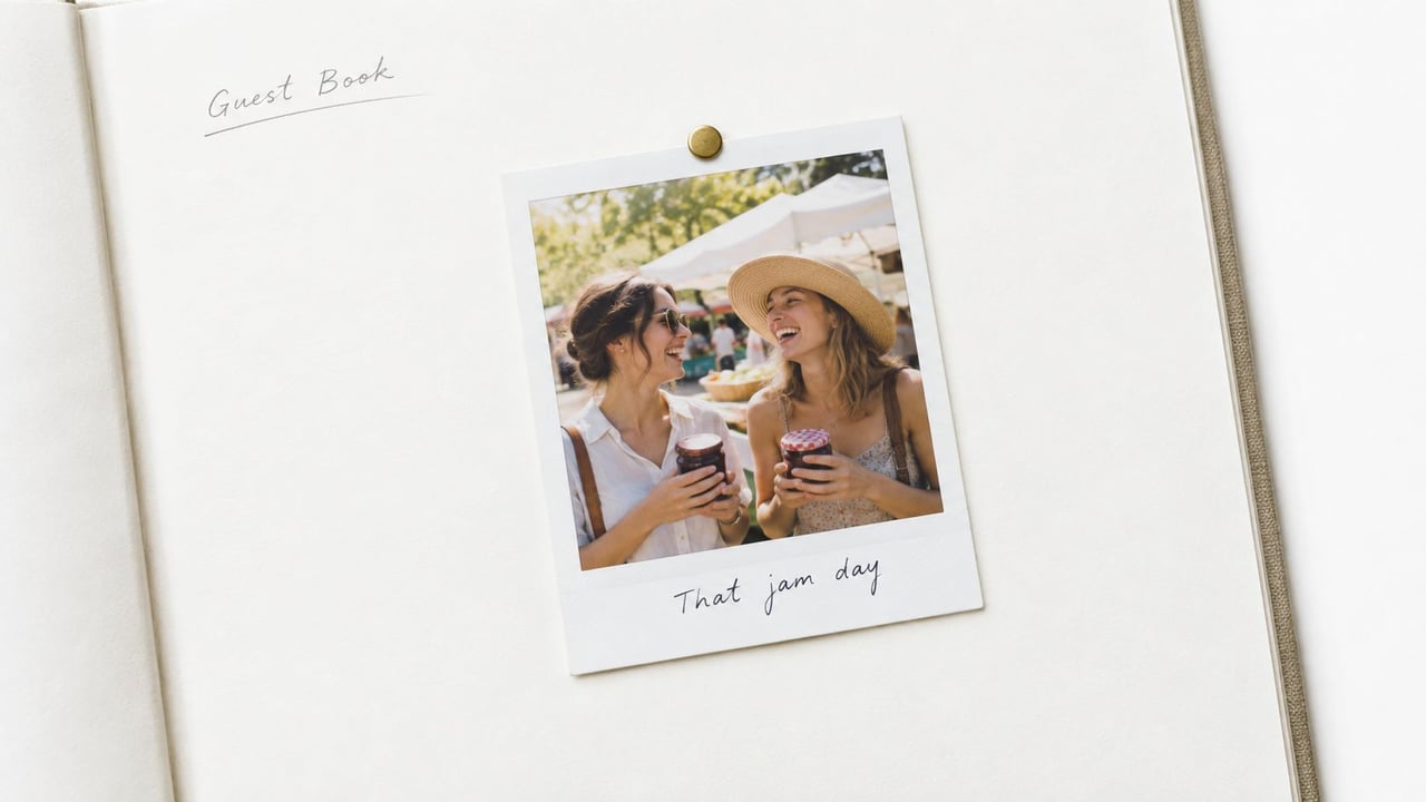 A close-up of an open guest book featuring a Polaroid photograph of two smiling friends holding jam jars.