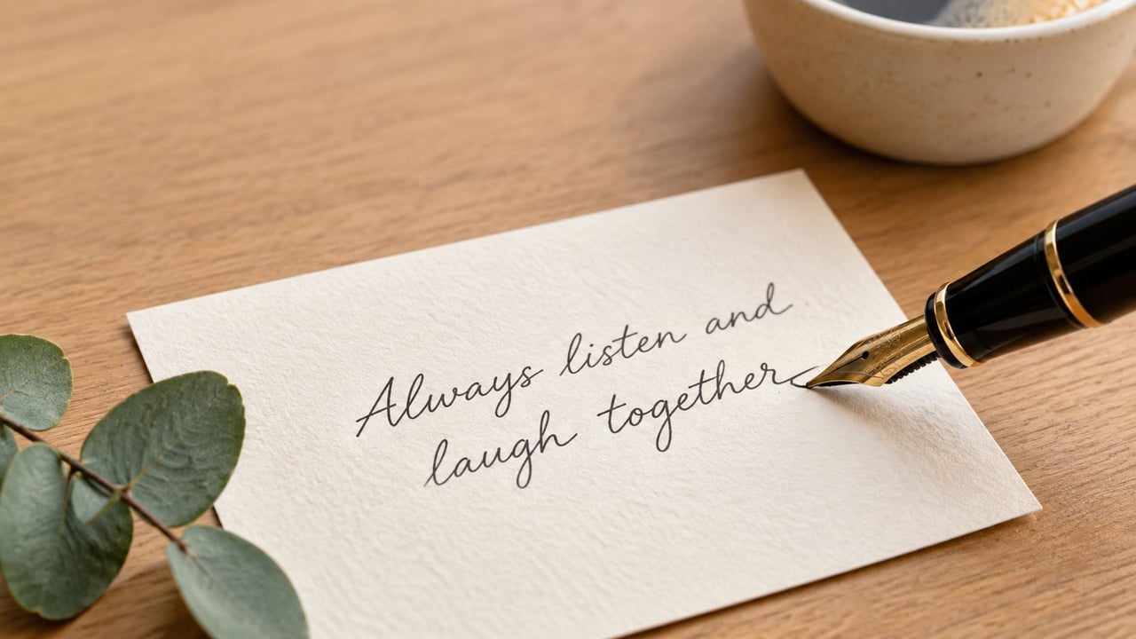 A close-up view of a fountain pen writing advice on a small note card on a desk.