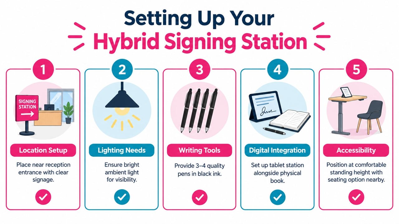 A five-step guide for setting up an efficient and accessible hybrid guest book signing station for events.