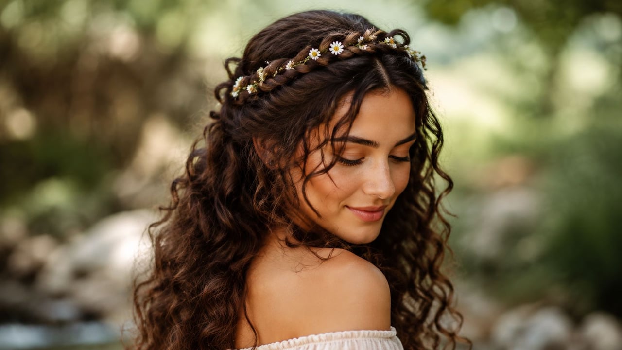 A beautiful woman with long, curly brown hair styled in a braid adorned with small white flowers.