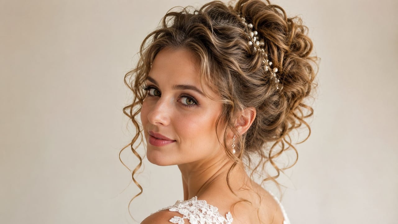 A beautiful bride with an elegant curly updo hairstyle adorned with delicate white pearls looking over shoulder.