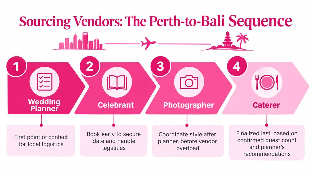 A four-step infographic illustrating the sequential process for sourcing wedding vendors when planning a destination event in Bali.