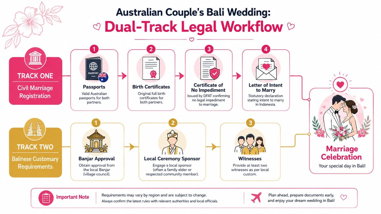 A flowchart infographic outlining the dual-track legal workflow for Australians planning a marriage ceremony in Bali.