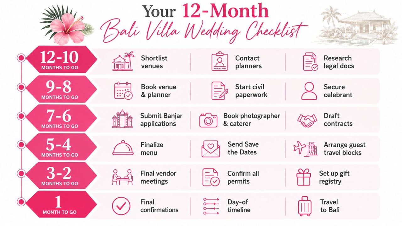 A 12-month wedding planning infographic outlining steps to organize a destination wedding at a Bali villa.