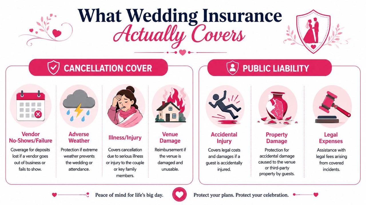 An infographic detailing the various protections offered by wedding insurance including cancellation coverage and public liability.