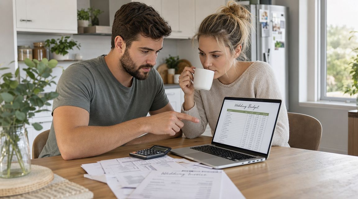 A young couple reviewing their wedding budget on a laptop while drinking coffee at home.