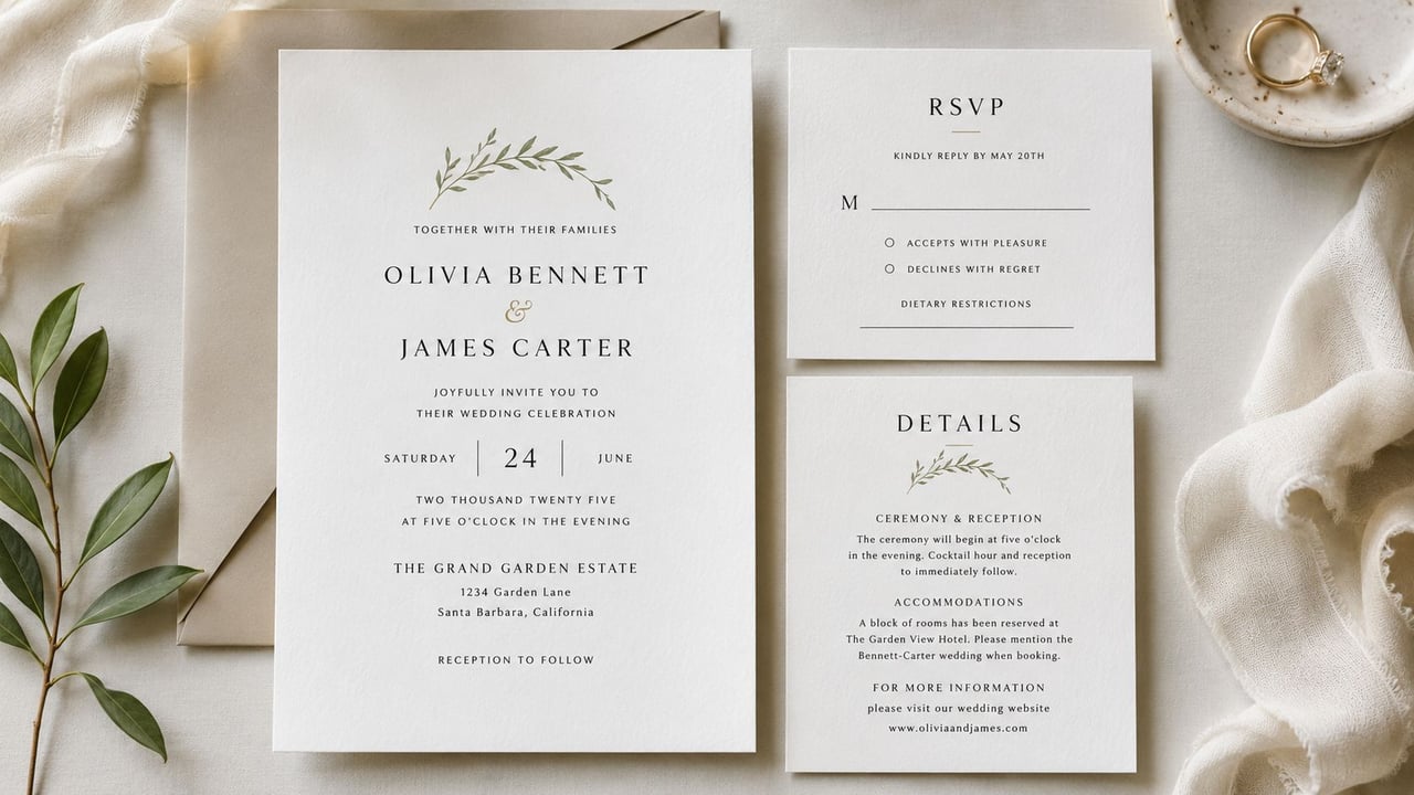 A sophisticated wedding invitation set featuring a main card, RSVP card, and details card with botanical accents.